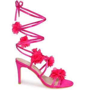 Floral Heels Lace Up Satin Stiletto Heels Sandals Hot Pink